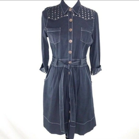Vtg Stetson 3/4 Sleeve Studded Western Jean Dress - Picture 3 of 10